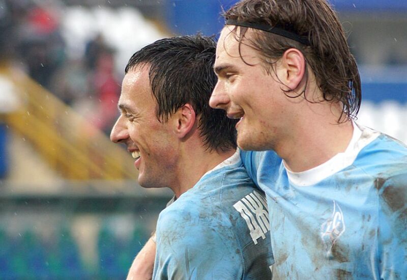 Ненад Джорджевич (слева) празднует гол в ворота «Локомотива». 2011 год